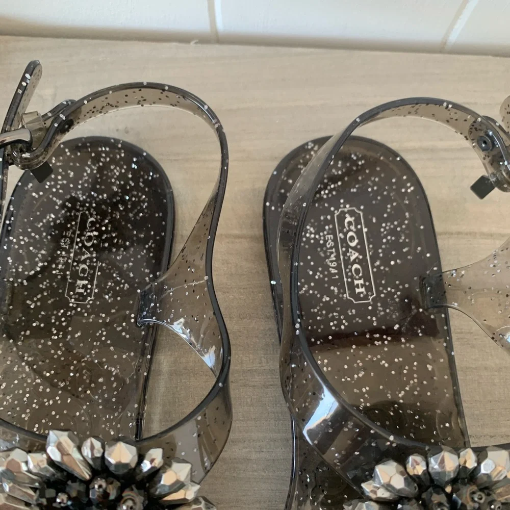 Coach Smoky Black Jelly Sandals with Crystal Flower Accent